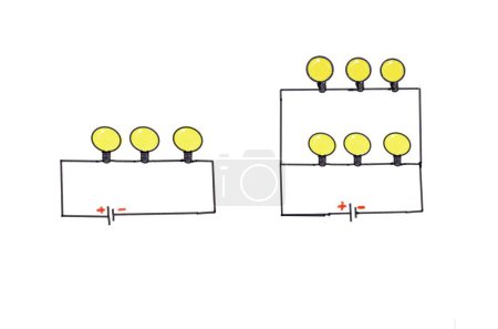 Hand drawn picture of electricity circuit diagram with light bulbs Illustration for education. Science, physics subject. Teaching aid.  Electricity connection pattern lesson. Concept, power energy.