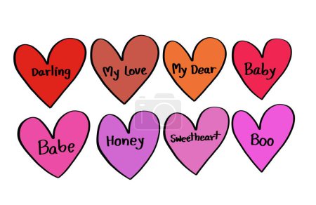 Handwritten words to call lover in colorful hearts. Concept, different words but have the same meaning. Synonym English language. Vocabulary. Teaching aid. Illustration of education.