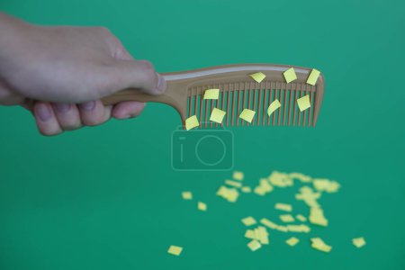 Comb and small pieces of paper. Equipment, prepared to do experiment about static electricity. Green background. Concept, Science lesson, fun and easy experiment. Education. Teaching aids.           