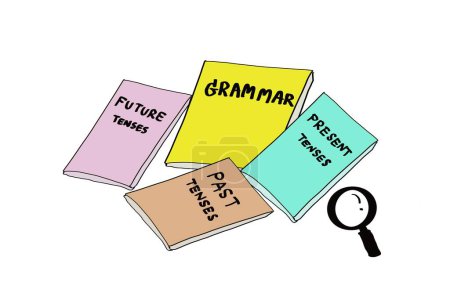 Hand drawn picture of colorful books with text Grammar, Present, Past, Future Tenses. Illustration for education. Concept, English language teaching. grammar, Tenses lesson. Teaching aid. 