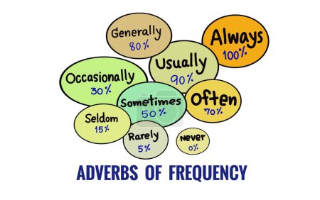 Image dessinée à la main de cercles colorés avec du vocabulaire sur Adverbes de fréquence. Illustration pour l'éducation. Concept, cours de grammaire anglaise. Aide à l'enseignement.