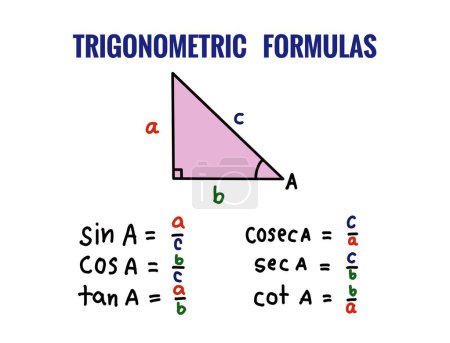 Hand drawn picture of pink triangle with trigonometric formulas. sin cos tan cosec sec cot. Handwritten font. Illustration for education. Concept, Math teaching. Geometric shapes lesson.