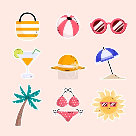 Téléchargez les photos : Ensemble d'éléments d'été illustrations vectorielles d'icônes plates, objets isolés, sac d'été, boule de plage, lunettes de soleil, cocktail, chapeau d'été, parasol, cocotier, bikini, le soleil - en image libre de droit