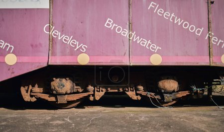 Photo for Blackpool, uk 01.01.2023 tram wheels on an Old forgotten rusty Blackpool trams. Famous iconic seaside tourist attraction transport carriages. Rusting historic iconic trams rusting and rotting - Royalty Free Image