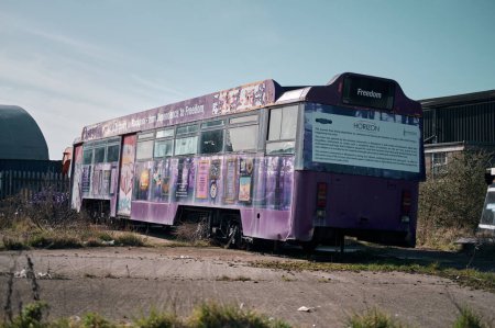 Photo for Blackpool, uk 01.01.2023 Old forgotten rusty Blackpool trams. Famous iconic seaside tourist attraction transport carriages. Rusting historic iconic trams rusting and rotting in a scrapyard. - Royalty Free Image