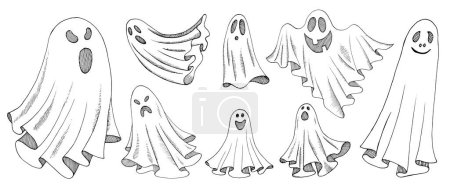 Illustration for Set of ghosts for Halloween. Flying phantoms, vector illustration, hand drawing. Line art. Sketch illustration - Royalty Free Image