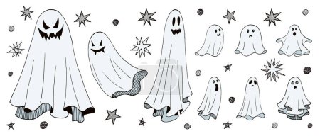 Illustration for Set of ghosts, flying phantoms for Halloween, vector illustration, hand drawn. Line art. Sketch illustration - Royalty Free Image