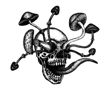 Ilustración de Un cráneo humano con hongos que crecen de sus cuencas oculares y una lengua sobresaliente. Dibujo a mano para un tatuaje, un arte. Horror, muerte, rock - Imagen libre de derechos