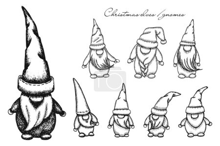 Téléchargez les illustrations : Elfes / gnomes de Noël. Illustration vectorielle dessinée à la main de petits hommes barbus en gros bonnets couvrant leurs yeux. gnomes du Nouvel An festif - en licence libre de droit