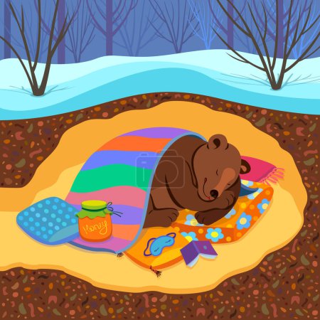 Illustration for Sleeping bear illustration. Winter hibernation of a bear in a cozy den, a blanket, a pillow and honey. Soil section with a view of the bear's lair in winter. Vector flat cartoon illustration - Royalty Free Image