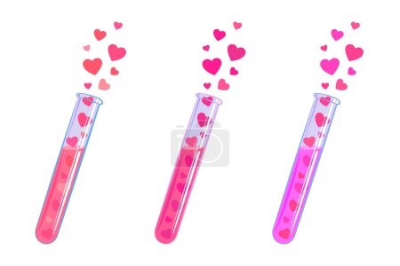 A set of test tubes with a love potion. Hearts flying out of a test tube. Love symbol, vector illustration isolated from background. Chemistry of love