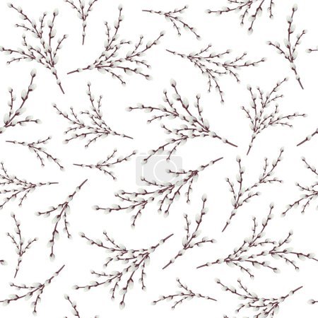 Téléchargez les illustrations : Easter pussy willows branches. Background of flowering willow branches on a white background. Seamless spring background for the holiday of Easter - en licence libre de droit