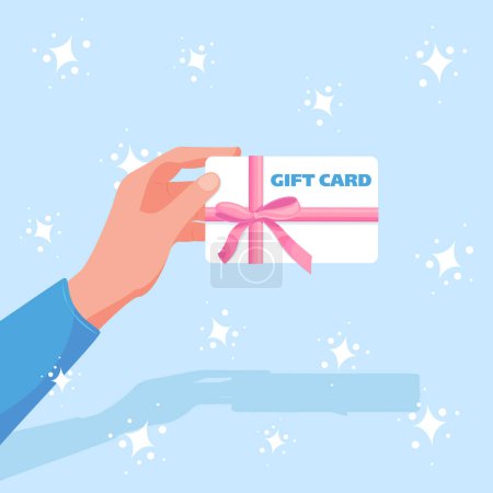 Gift card. Vector illustration of a woman's hand with a certificate. Gift card, certificate, voucher in hand. Flat design concept for website, banner
