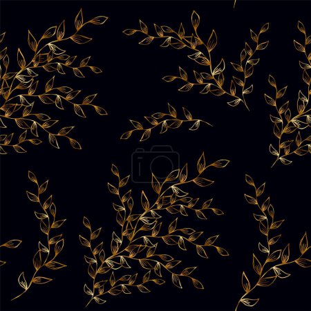 Seamless pattern with golden branches of plants on a dark background. Stylized plant elements with leaves, branches. Vector floral illustration with hand drawn golden element. For greeting cards, posters, banners, wrapping paper