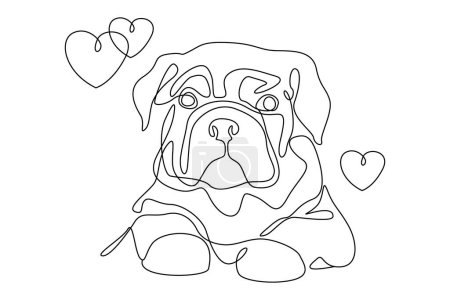 Illustration for Cute little bulldog, one line outline drawing. Dog is Human's friend. Drawing for a tattoo. Pet illustration, hearts - Royalty Free Image
