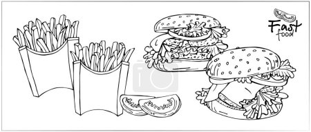 Comida rápida. Dibujos de patatas fritas y hamburguesas. Papas fritas e ilustración hamburguesa con queso, deliciosa comida popular, imagen vectorial. Imágenes estilizadas de comida de restaurantes de comida rápida