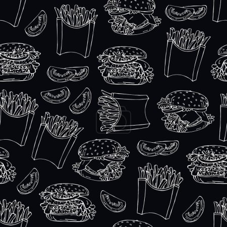Seamless background with fast food, drawings of French fries, tomatoes and burgers. Delicious popular food from fast food restaurants, vector image. Endless background. Stylized images of food