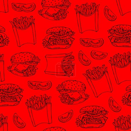 Seamless background with fast food, drawings of French fries, tomatoes and burgers. Delicious popular food from fast food restaurants, vector image. Endless background. Stylized images of food