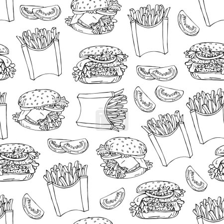 Fondo sin costuras con comida rápida, dibujos de papas fritas, tomates y hamburguesas. Deliciosa comida popular de restaurantes de comida rápida, imagen vectorial. Fondo interminable. Imágenes estilizadas de comida