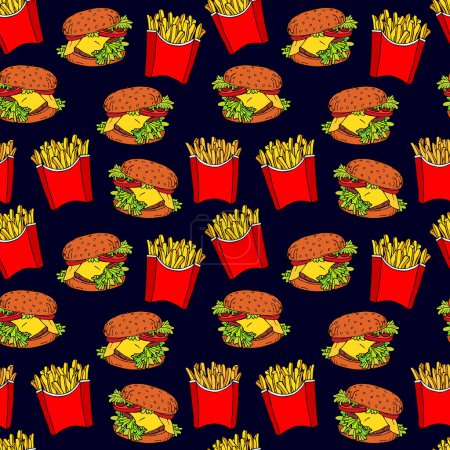 Seamless background with fast food, drawings of french fries and cheeseburgers. Delicious popular food from fast food restaurants, vector image. Endless background. Stylized images of food