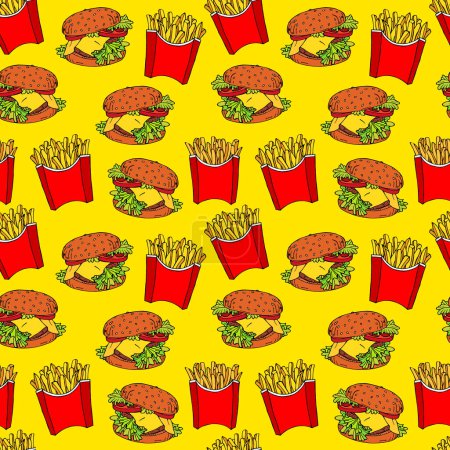 Seamless background with fast food, drawings of french fries and cheeseburgers. Delicious popular food from fast food restaurants, vector image. Endless background. Stylized images of food