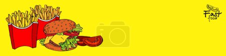 Fast food. Banner with packages of fries and burger. French fries and cheeseburger illustration, delicious popular food, vector image. Stylized images of food from fast food restaurants
