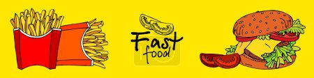 Fast food. Banner with packages of fries and burger. French fries and cheeseburger illustration, delicious popular food, vector image. Stylized images of food from fast food restaurants