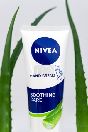 Photo for Kyiv, Ukraine - 18 July 2023. Nivea hand cream with aloe vera on a white background. Natural cosmetic. Close-up. - Royalty Free Image