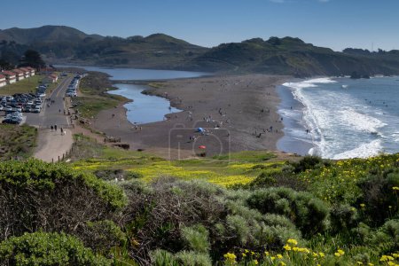 Photo for Susalito, CA, USA. Feb 13, 2022. Shoreline of Rodeo Beach, California, USA, in Sausalitos Marin Headlands recreation area on a clear sky day, aerial view in the Spring - Royalty Free Image