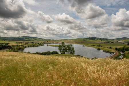 Photo for The Lagoon Valley Park in Vacaville, California, USA, viewed from a hill, on a beautiful partly cloudy spring day - Royalty Free Image