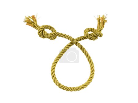 Seil. Goldenes Seil wird fixiert und gerollt, an jedem Ende ein Knoten. Isoliert auf weißem Hintergrund (mit Clipping-Pfad).