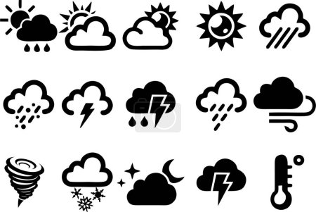 Foto de Conjunto de iconos meteorológicos en alta resolución HD sobre fondo blanco. Iconos de tormenta caliente, fría, lluvia, seca, nubes, tormenta, nevadas y truenos. - Imagen libre de derechos