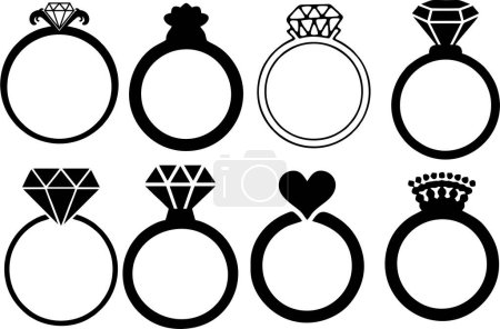 Foto de Iconos de matrimonio, compromiso o anillo de bodas. Diamante de múltiples formas, anillos elegantes corazón sobre fondo blanco. - Imagen libre de derechos