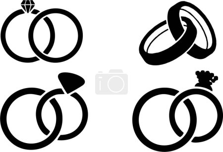 Foto de Elegante boda o anillos de compromiso conjunto aislado sobre fondo blanco. Iconos negros de anillos de boda en diferentes posiciones. - Imagen libre de derechos