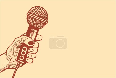Photo for Beige banner with hand holding a microphone and place for text - Royalty Free Image