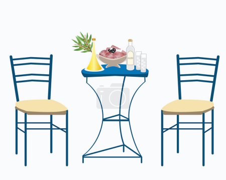 Illustration for Vector illustration of a traditional greek yard - table and chair with ouzo, cold cuts and olive oil - Royalty Free Image