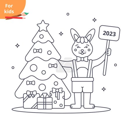 Foto de Conejo 2023 Concepto de Año Nuevo. Lindo conejo feliz y un árbol de Navidad. Página para colorear para niños - Imagen libre de derechos