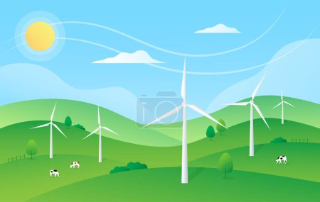 Téléchargez les photos : Renewable energy, ESG concept. Green landscape with wind turbines. Gradient. Cute illustration. - en image libre de droit