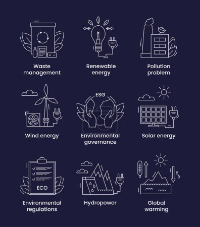 Foto de Establecer iconos ambientales, concepto ESG. Iconos con subtítulos. Ilustración aislada sobre un fondo oscuro - Imagen libre de derechos