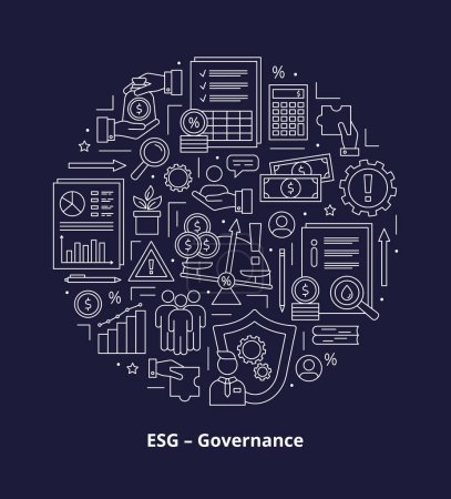 Téléchargez les photos : Concept de gouvernance ESG, jeu d'icônes. Icônes placées en cercle. Illustration isolée sur un fond sombre. - en image libre de droit