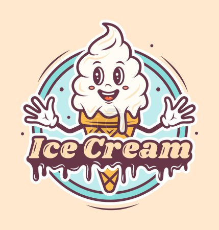 Téléchargez les photos : Logo de café de crème glacée, dessin animé personnage mignon. Crème glacée dans un cône de gaufre avec un texte. Un modèle. Mignonne illustration. - en image libre de droit