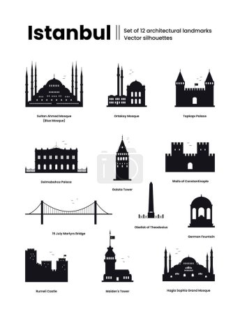 Téléchargez les illustrations : Istanbul Turquie concept. Ensemble de 12 monuments architecturaux. Silhouettes pour panneaux d'orientation. Illustration vectorielle sur fond blanc - en licence libre de droit