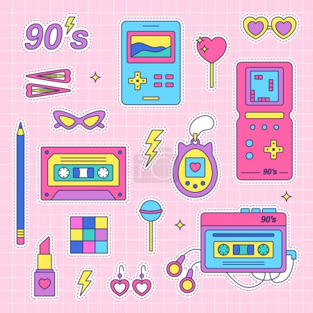 Illustration for 90s stickers pack. Set of trendy retro elements. Bright vector illustration - Royalty Free Image
