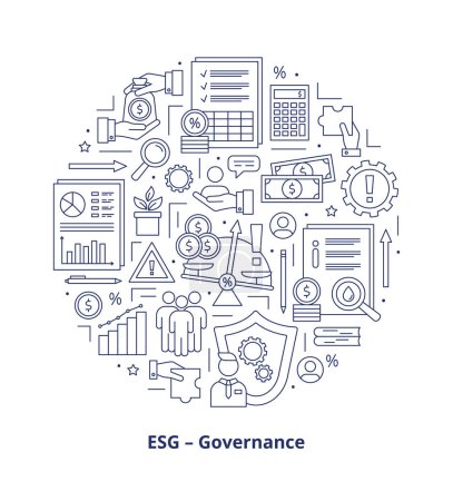 ESG Governance Konzepte, Symbole gesetzt. Symbole in einem Kreis platziert. Vektor-Illustration isoliert auf weißem Hintergrund.