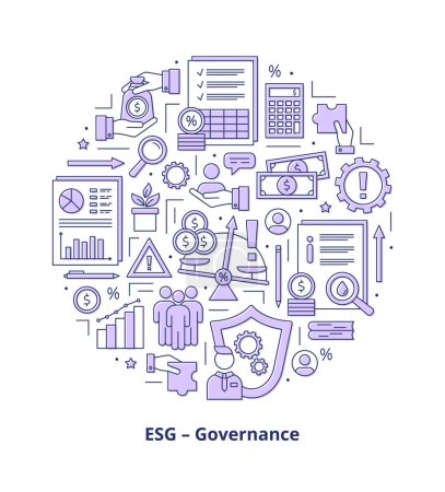 Ilustración de Conceptos de gobernanza ESG, conjunto de iconos. Iconos colocados en un círculo. Ilustración vectorial aislada sobre fondo blanco. - Imagen libre de derechos