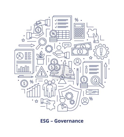 Téléchargez les illustrations : Concept de gouvernance ESG, jeu d'icônes. Icônes placées en cercle. Illustration vectorielle isolée sur fond blanc. - en licence libre de droit