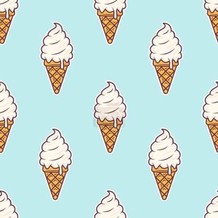 Illustration for Creamy ice cream cone seamless pattern cartoon style. Vector illustration isolated on blue background. - Royalty Free Image