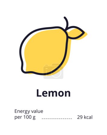 Healthy vegetarian product icon. A tasty lemon icon. Energy value of lemon. Vector illustration on white background.