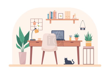 Illustration for Cozy home interior design concept. Workplace interior. Vector illustration in flat style. - Royalty Free Image