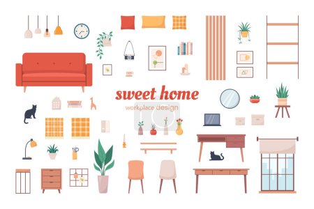 Illustration for Cozy home interior design objects set. Workplace interior. Vector illustration in flat style. - Royalty Free Image